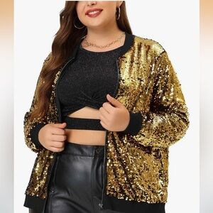 🆕 Agnes Orinda Women's Gold Sequin Bomber Jacket size 2X concert outfit sparkly